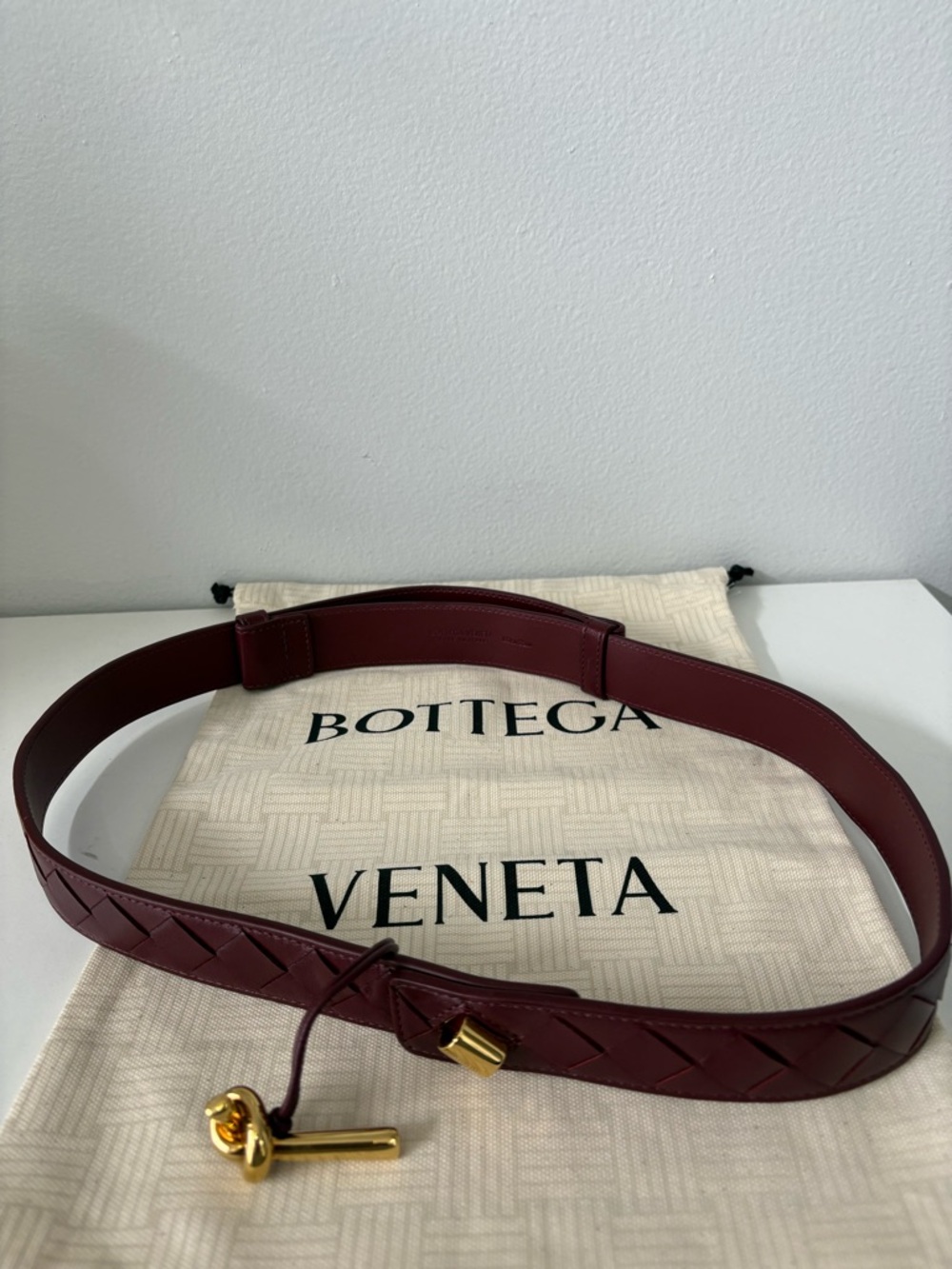 Bottega Veneta Burgundy Woven Leather Belt with Gold Key Accent - Picture 2 of 7